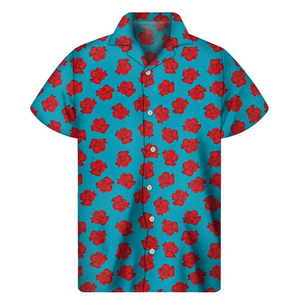 Red And Blue Carnation Pattern Print Men's Short Sleeve Shirt