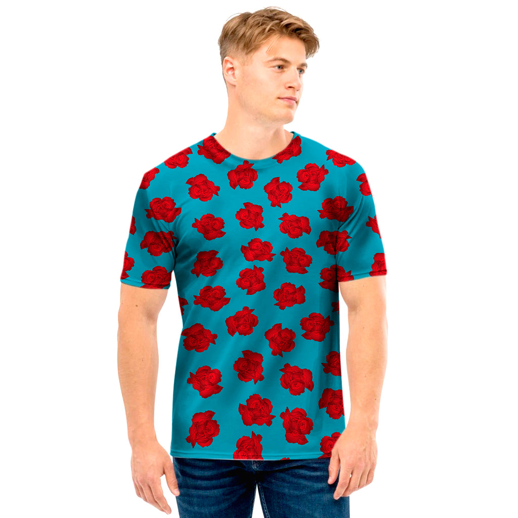 Red And Blue Carnation Pattern Print Men's T-Shirt