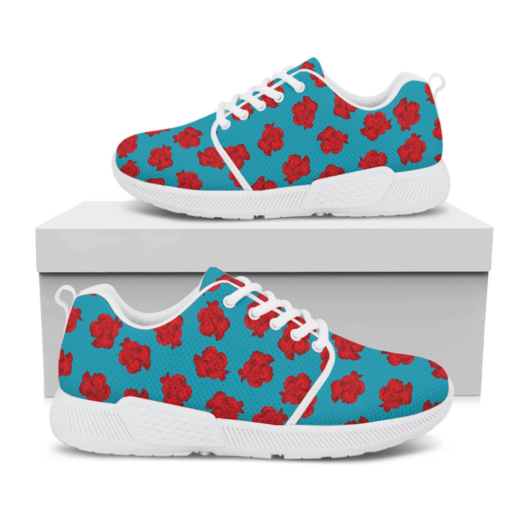 Red And Blue Carnation Pattern Print White Athletic Shoes