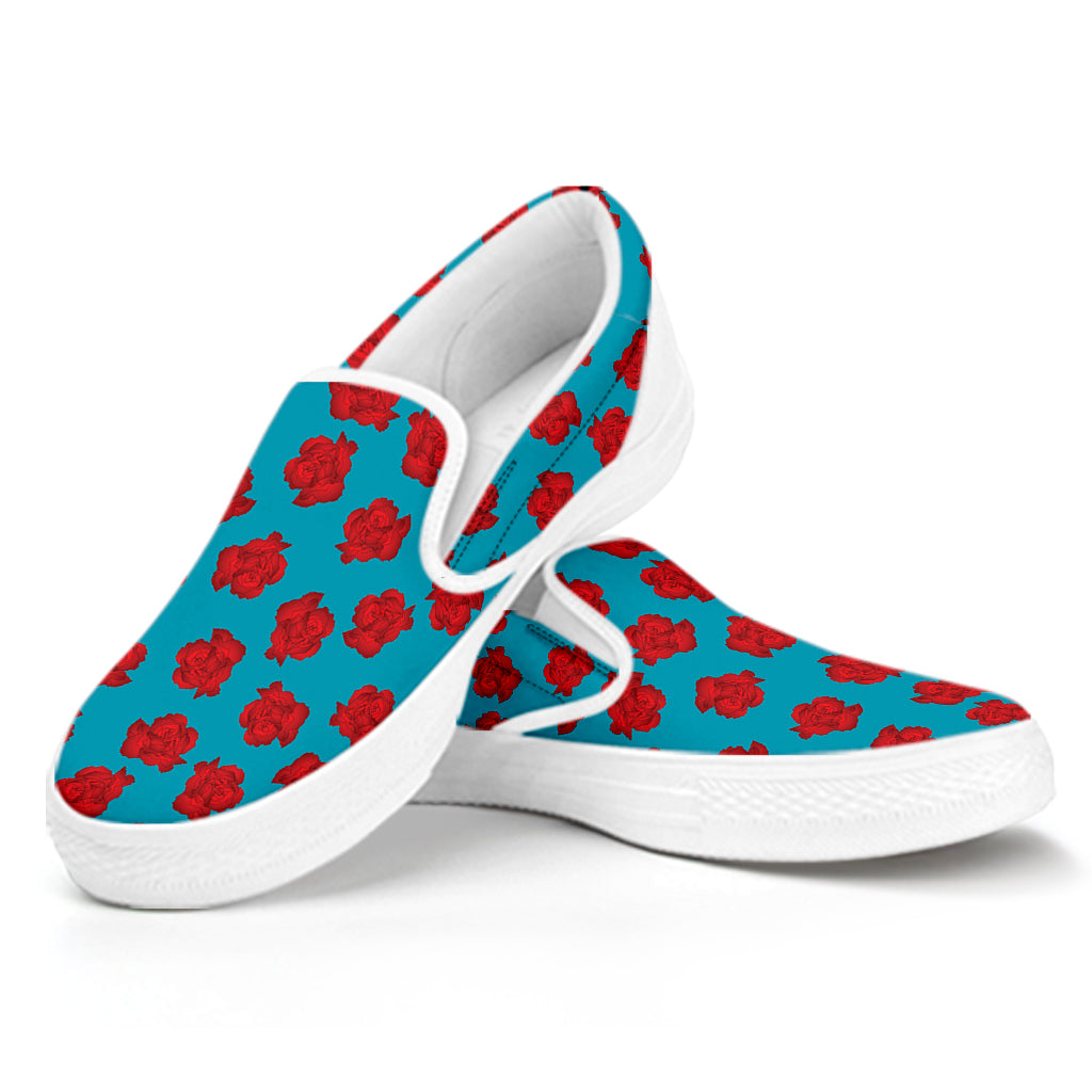 Red And Blue Carnation Pattern Print White Slip On Shoes