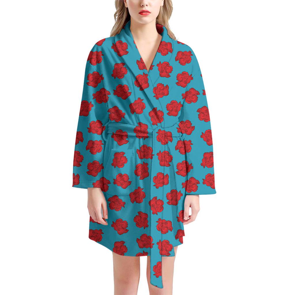 Red And Blue Carnation Pattern Print Women's Bathrobe