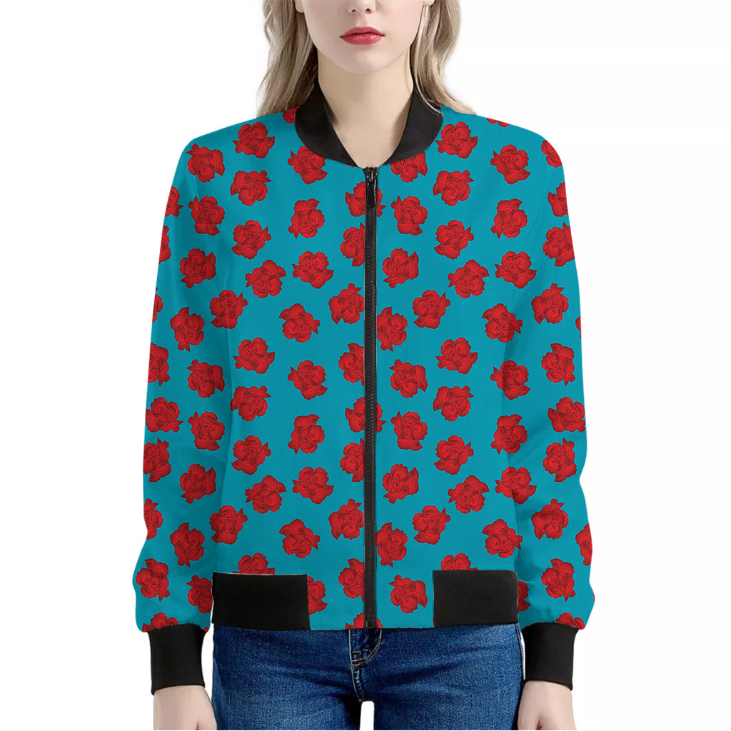 Red And Blue Carnation Pattern Print Women's Bomber Jacket