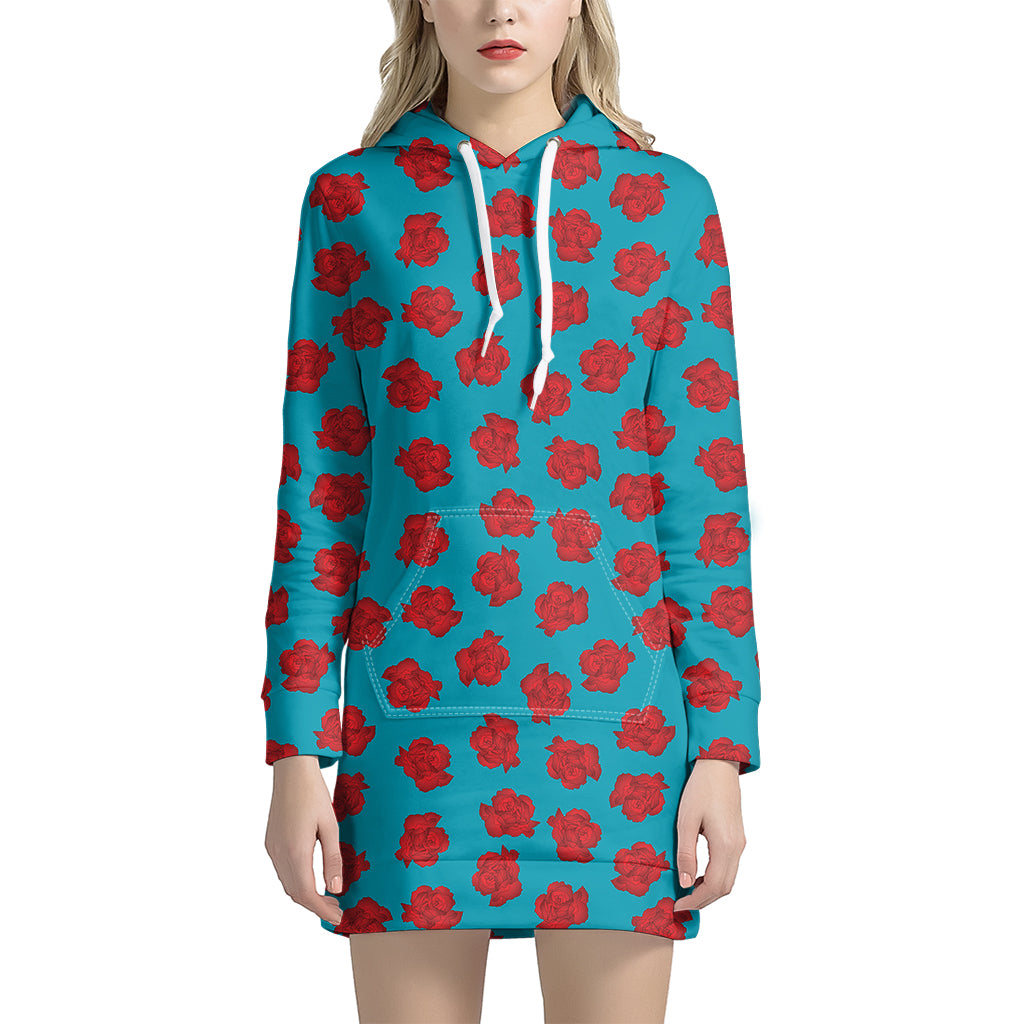 Red And Blue Carnation Pattern Print Women's Pullover Hoodie Dress