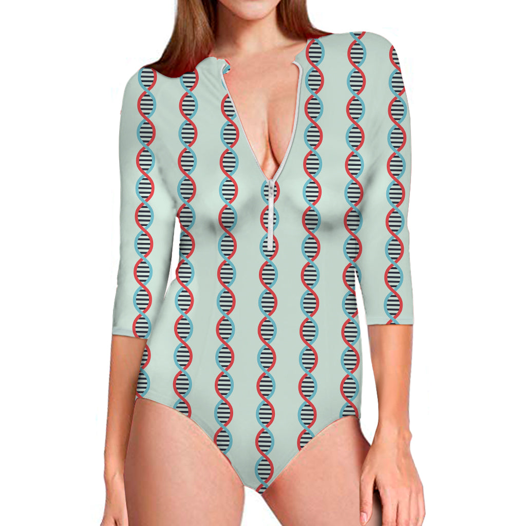 Red And Blue DNA Pattern Print Long Sleeve One Piece Swimsuit