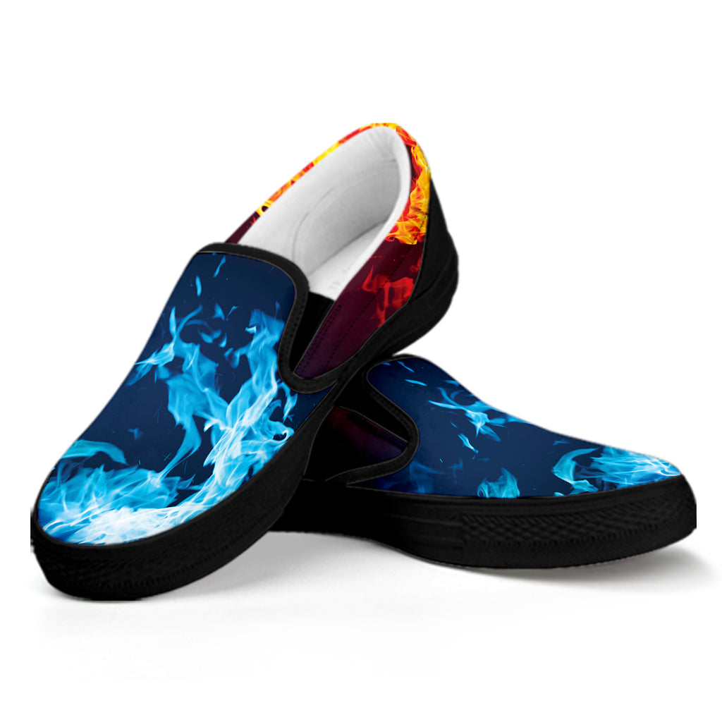 Red And Blue Fire Print Black Slip On Shoes