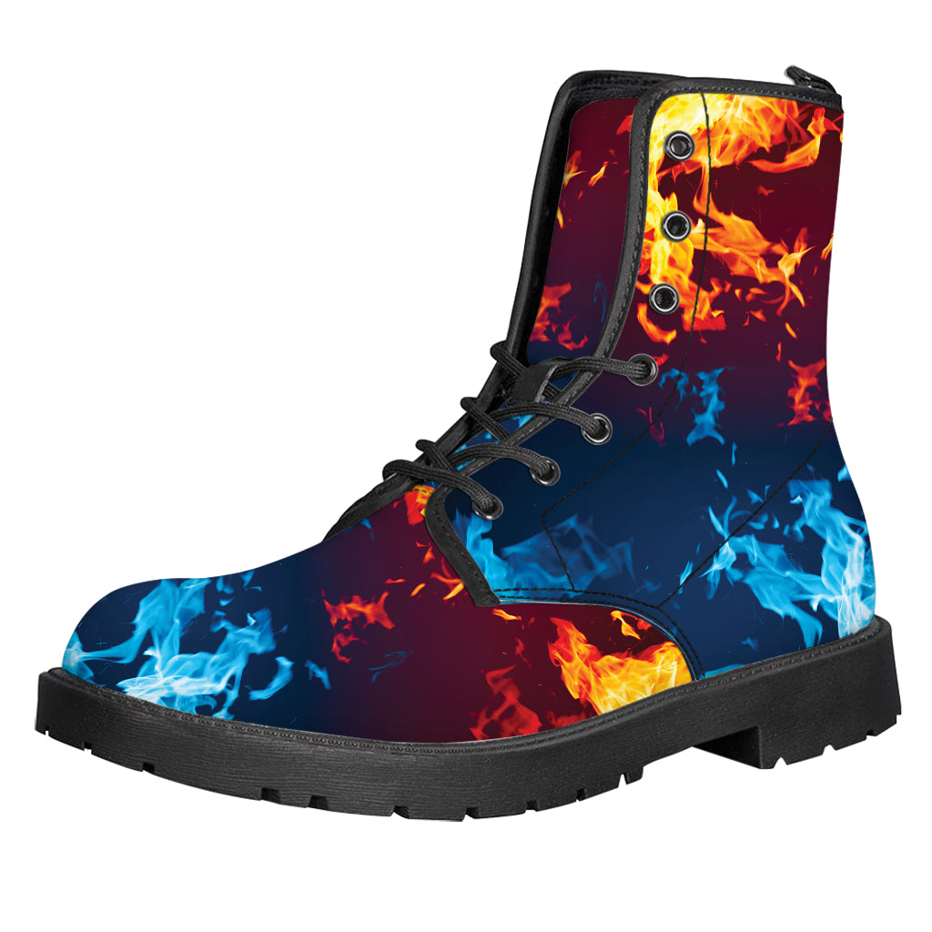 Red And Blue Fire Print Leather Boots