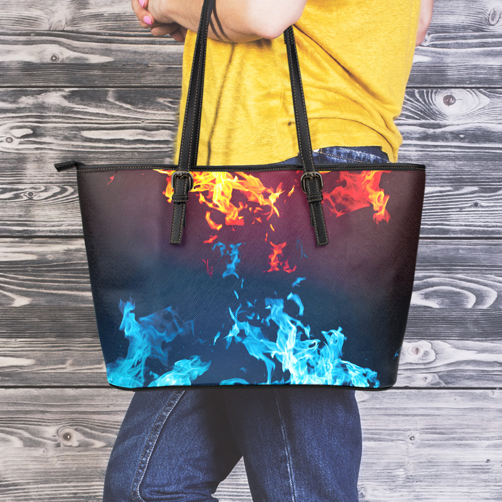 Red And Blue Fire Print Leather Tote Bag