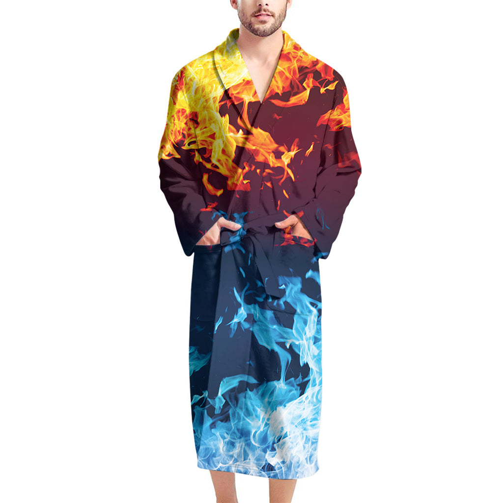 Red And Blue Fire Print Men's Bathrobe