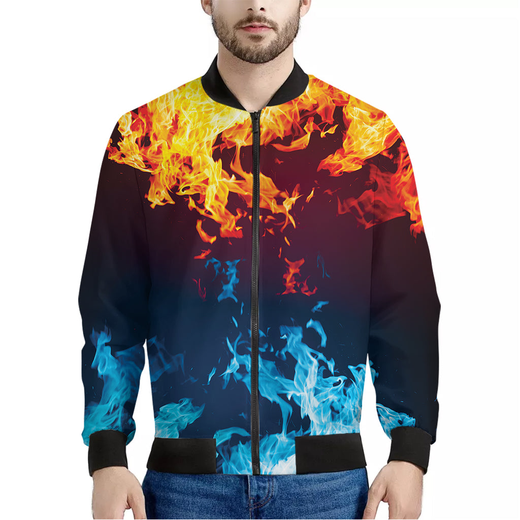 Red And Blue Fire Print Men's Bomber Jacket