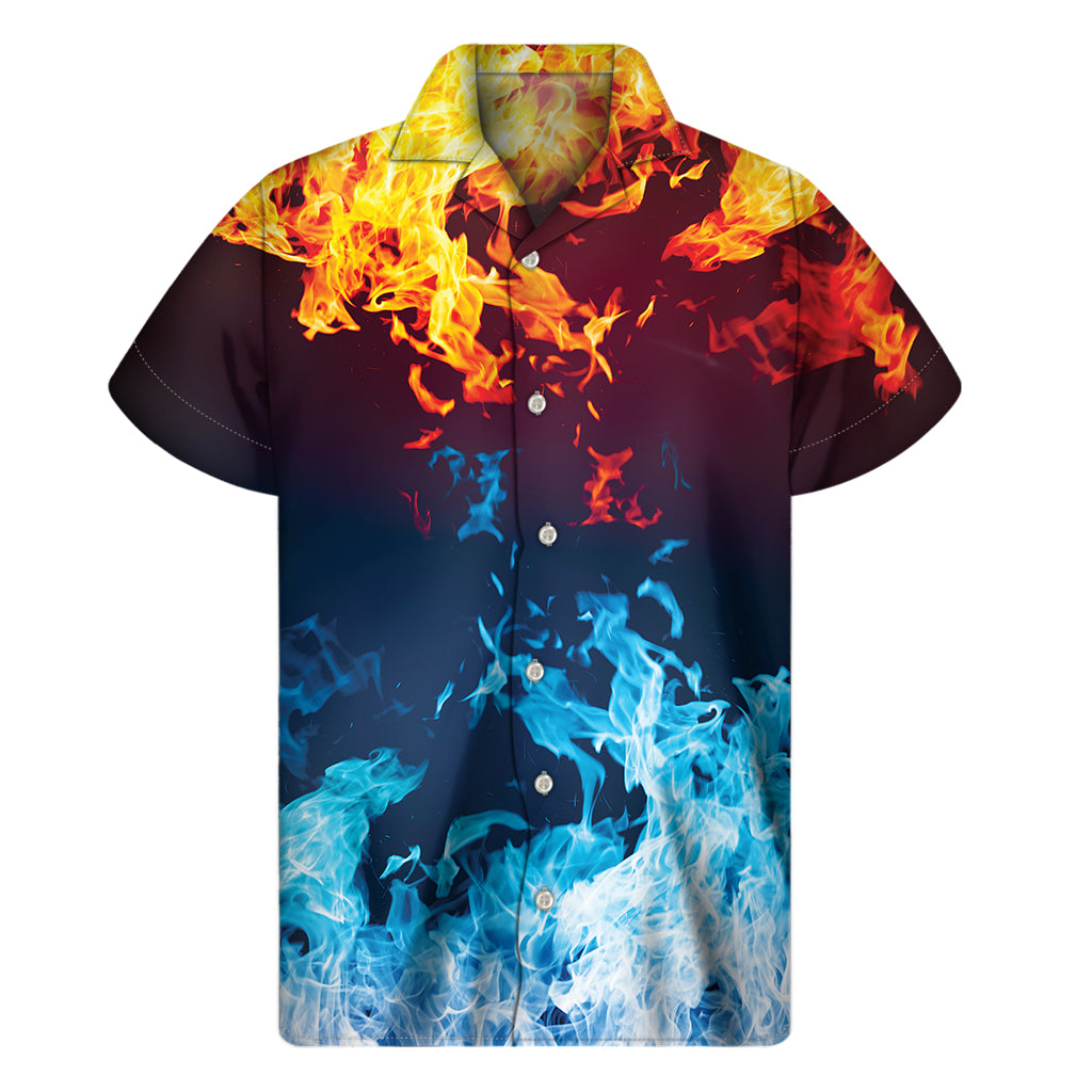 Red And Blue Fire Print Men's Short Sleeve Shirt