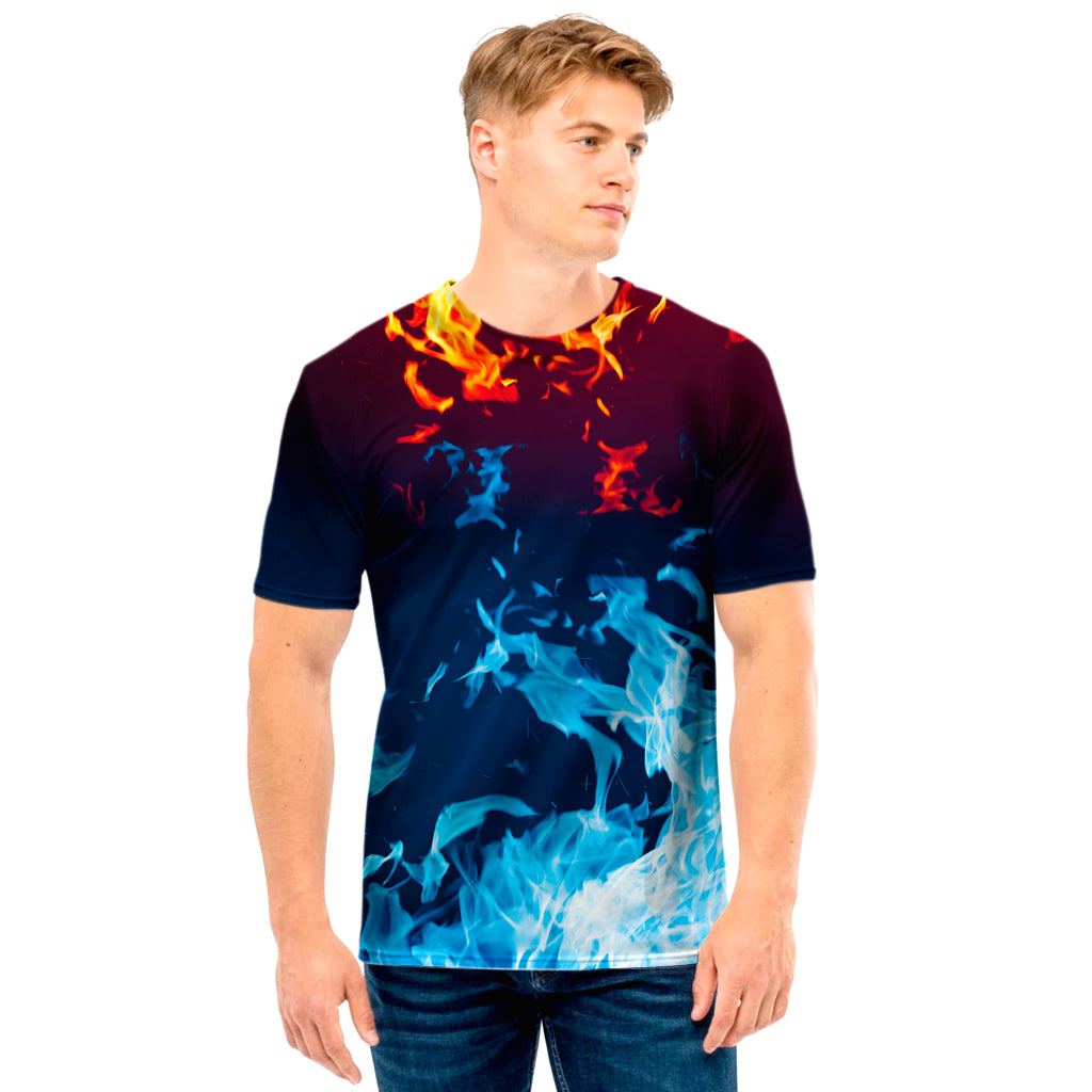 Red And Blue Fire Print Men's T-Shirt