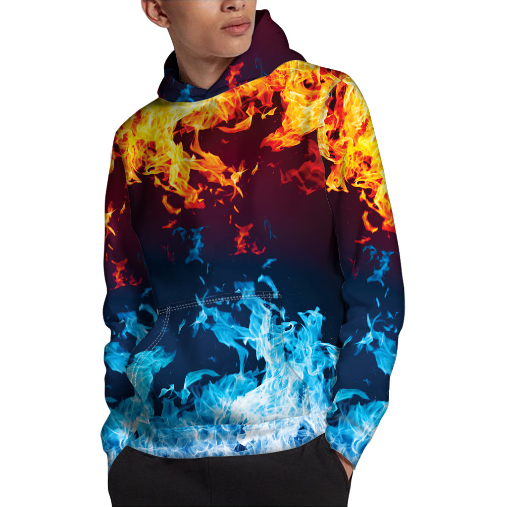 Red And Blue Fire Print Pullover Hoodie