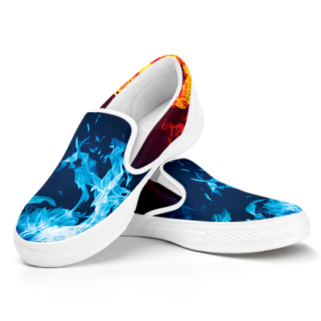 Red And Blue Fire Print White Slip On Shoes