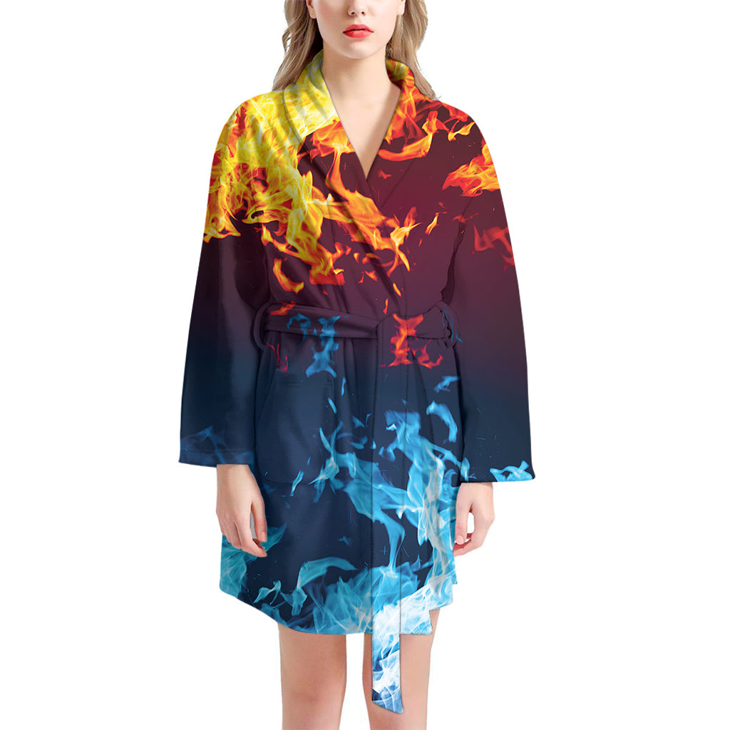 Red And Blue Fire Print Women's Bathrobe