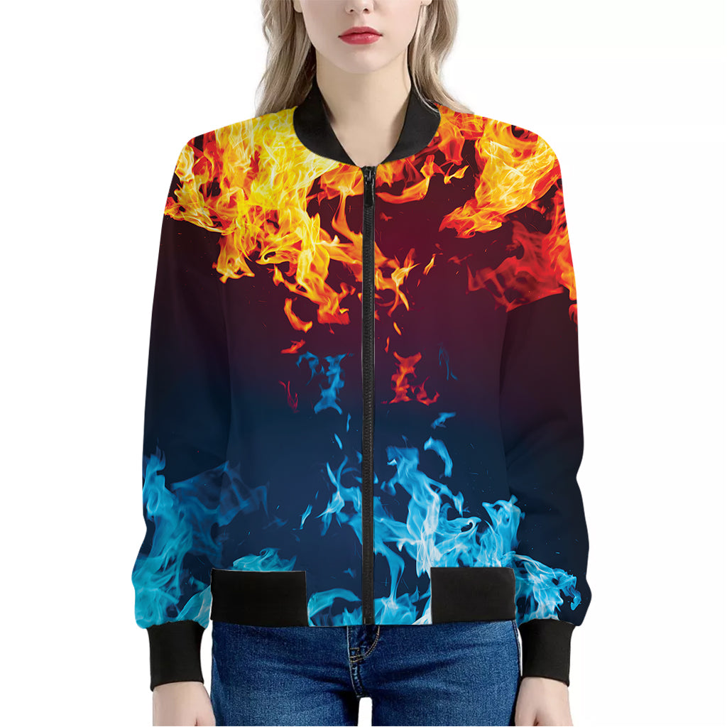 Red And Blue Fire Print Women's Bomber Jacket