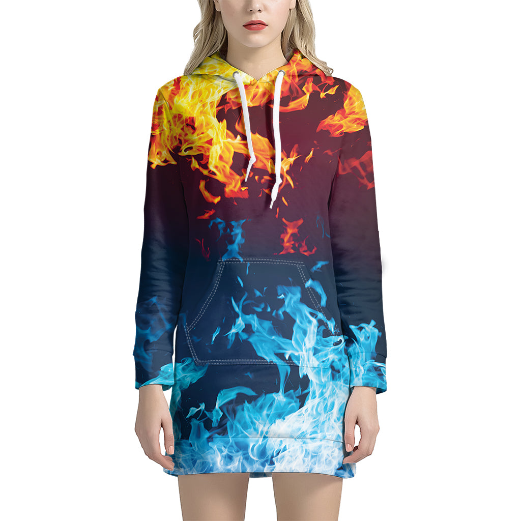 Red And Blue Fire Print Women's Pullover Hoodie Dress