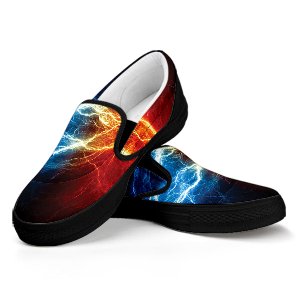 Red And Blue Lightning Print Black Slip On Shoes