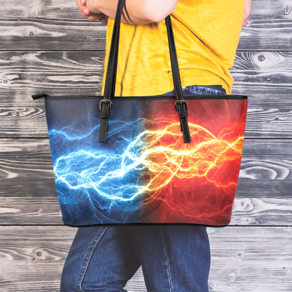 Red And Blue Lightning Print Leather Tote Bag