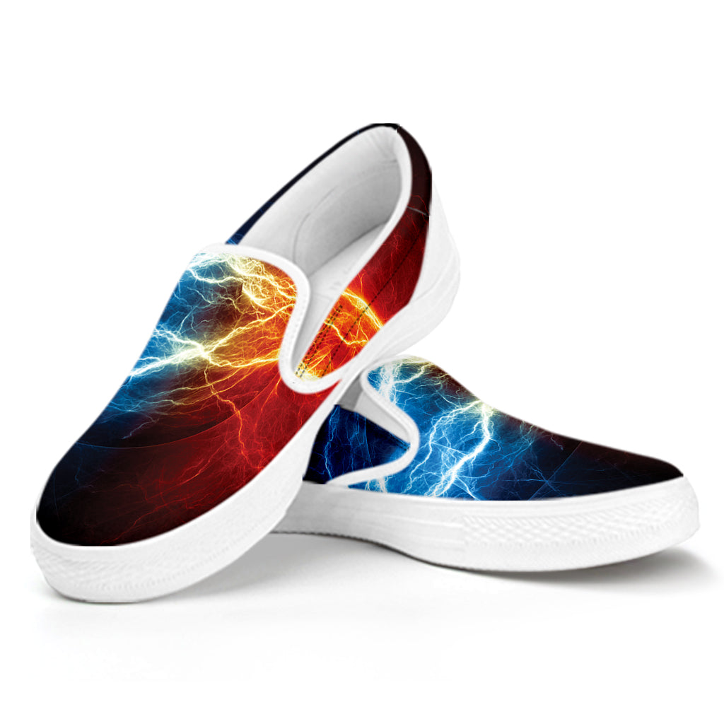 Red And Blue Lightning Print White Slip On Shoes