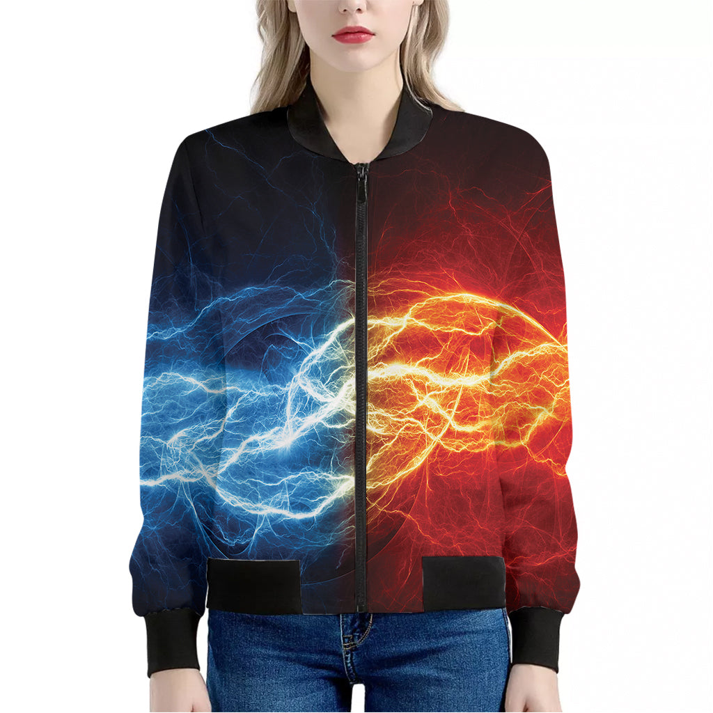 Red And Blue Lightning Print Women's Bomber Jacket