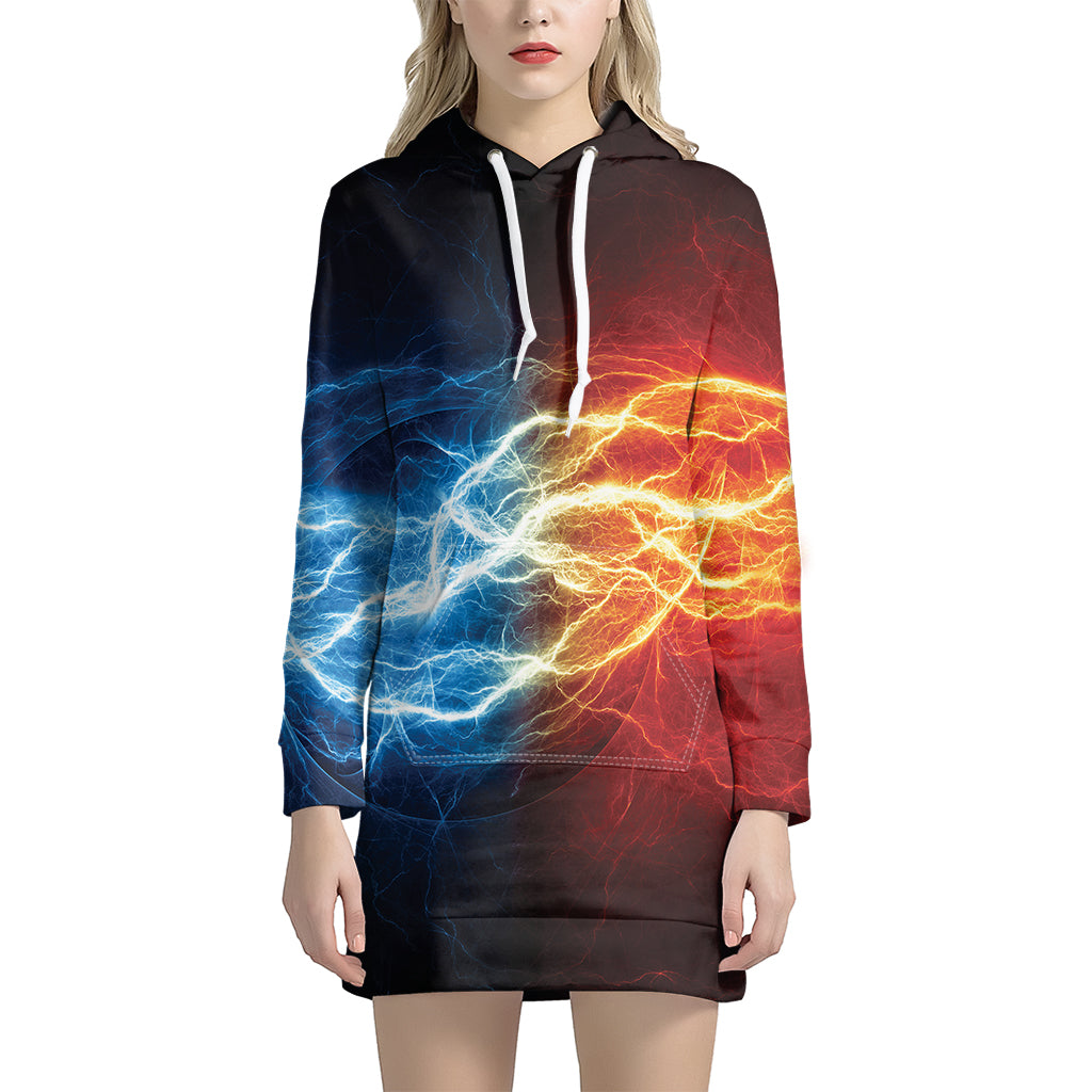 Red And Blue Lightning Print Women's Pullover Hoodie Dress