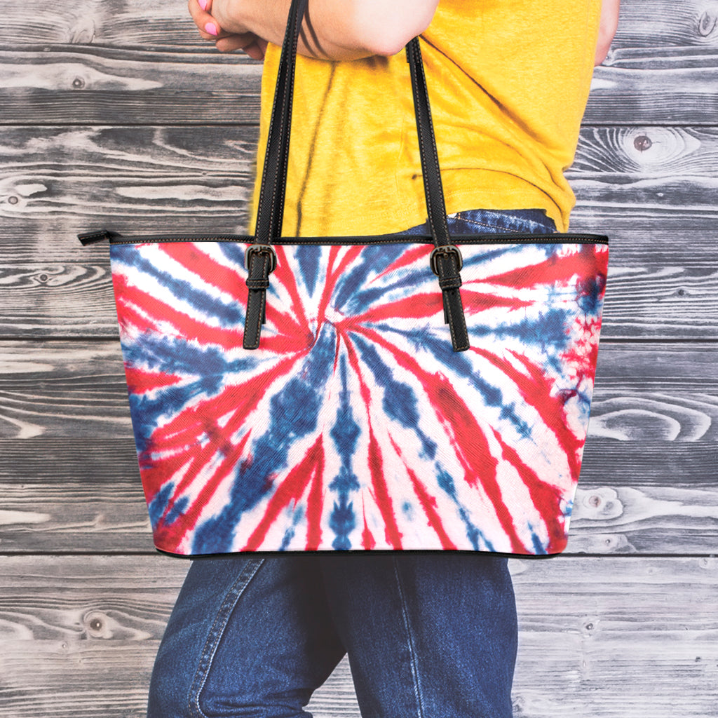 Red And Blue Spider Tie Dye Print Leather Tote Bag