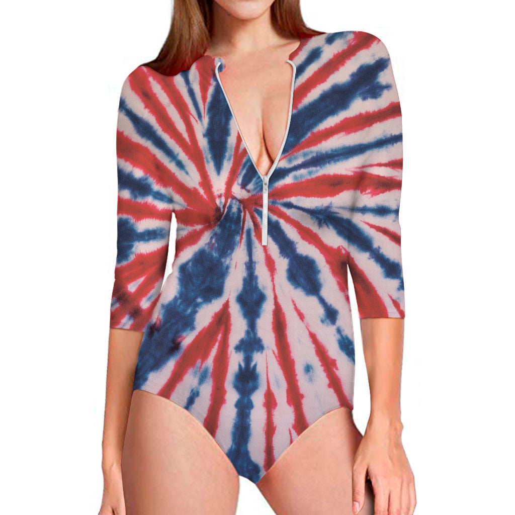 Red And Blue Spider Tie Dye Print Long Sleeve One Piece Swimsuit