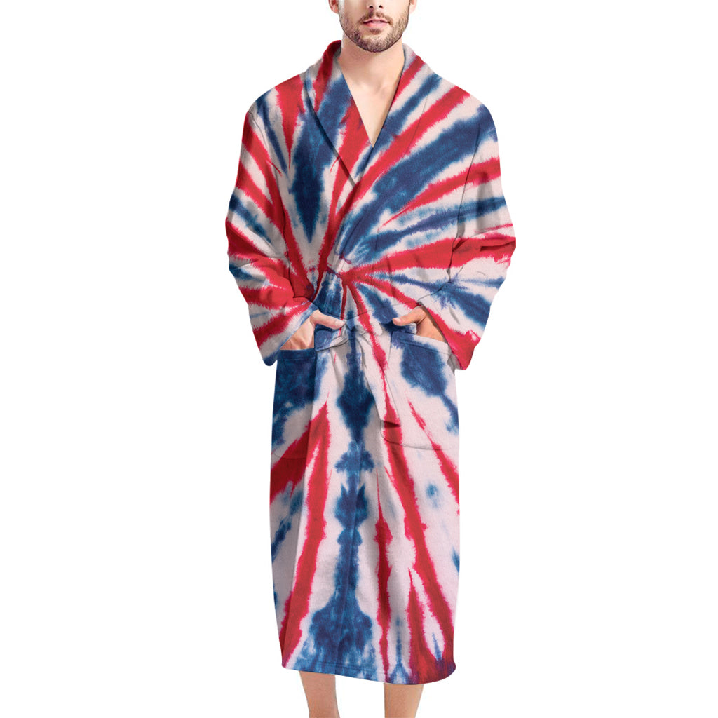 Red And Blue Spider Tie Dye Print Men's Bathrobe