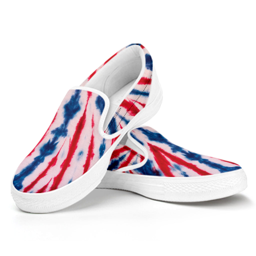 Red And Blue Spider Tie Dye Print White Slip On Shoes