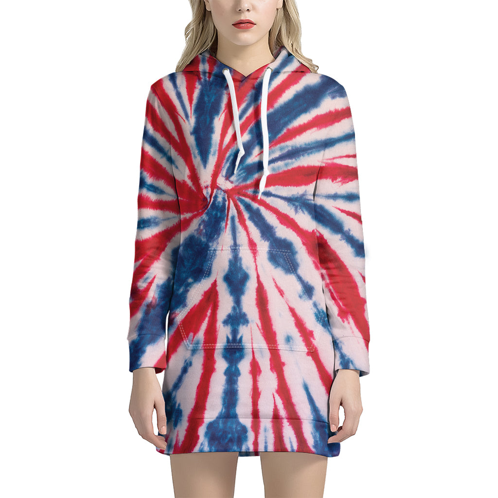 Red And Blue Spider Tie Dye Print Women's Pullover Hoodie Dress