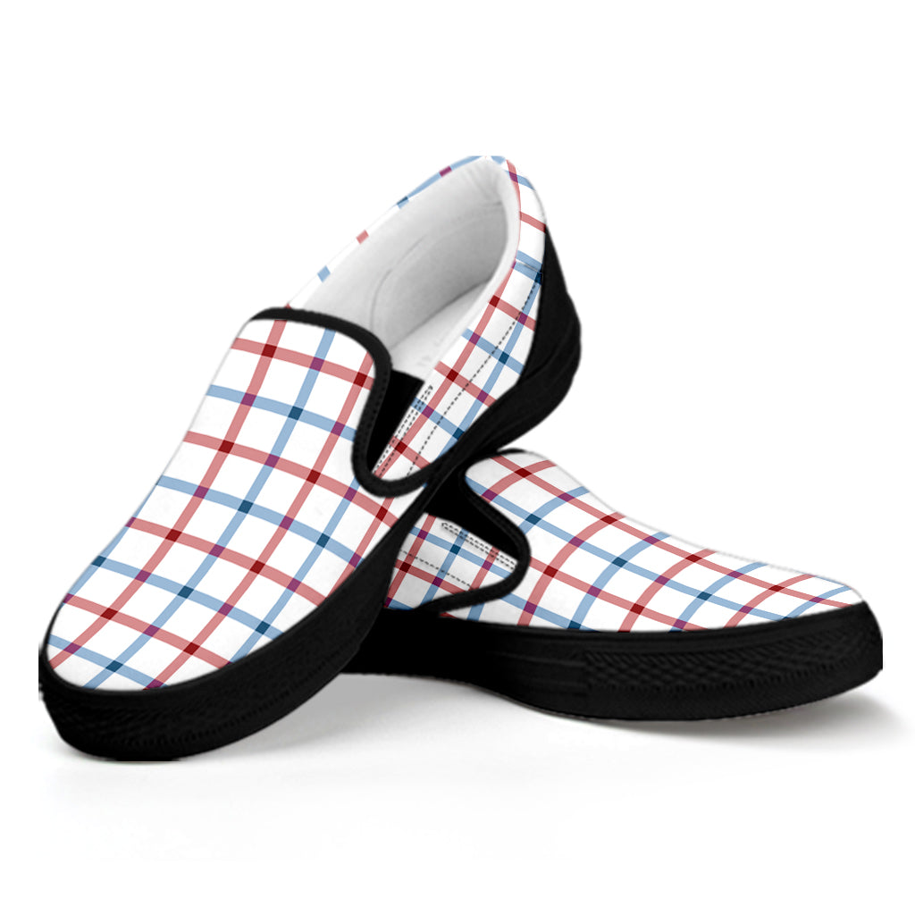 Red And Blue Tattersall Pattern Print Black Slip On Shoes