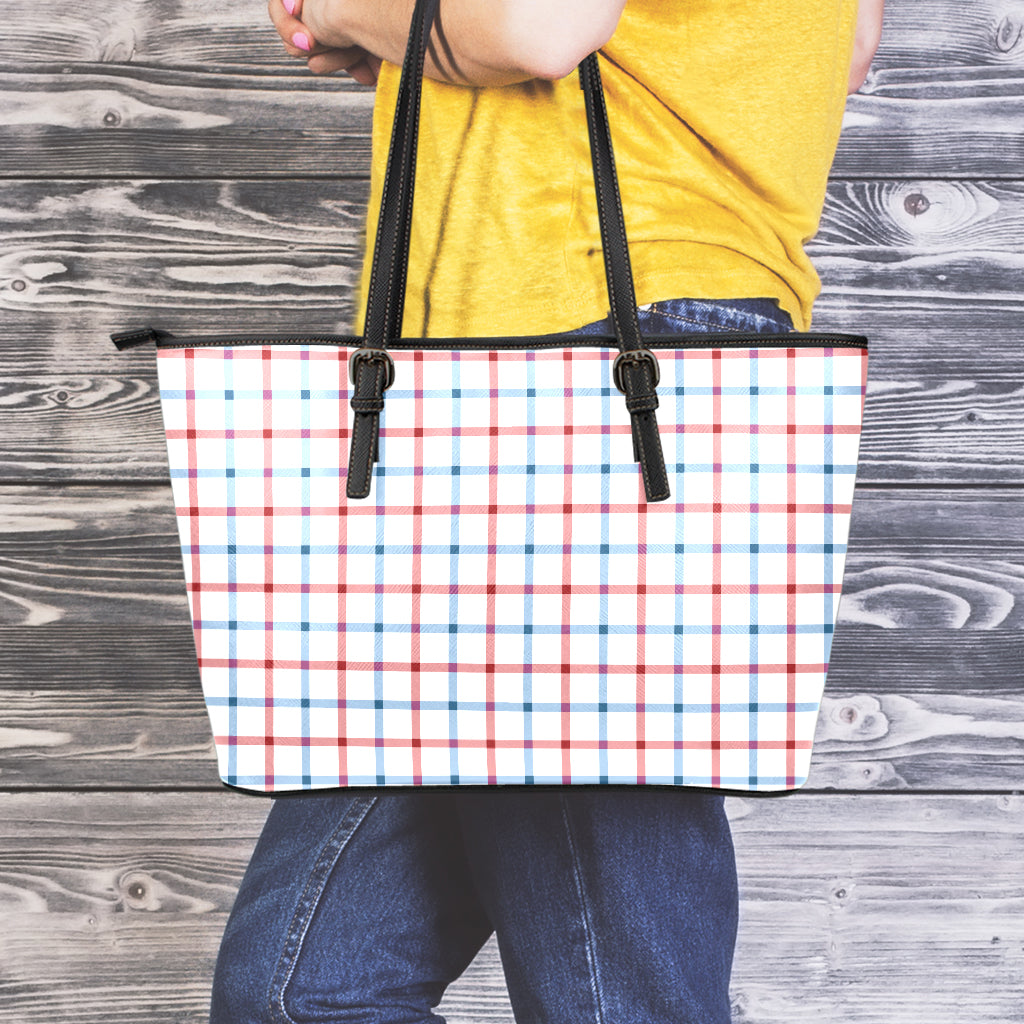 Red And Blue Tattersall Pattern Print Leather Tote Bag