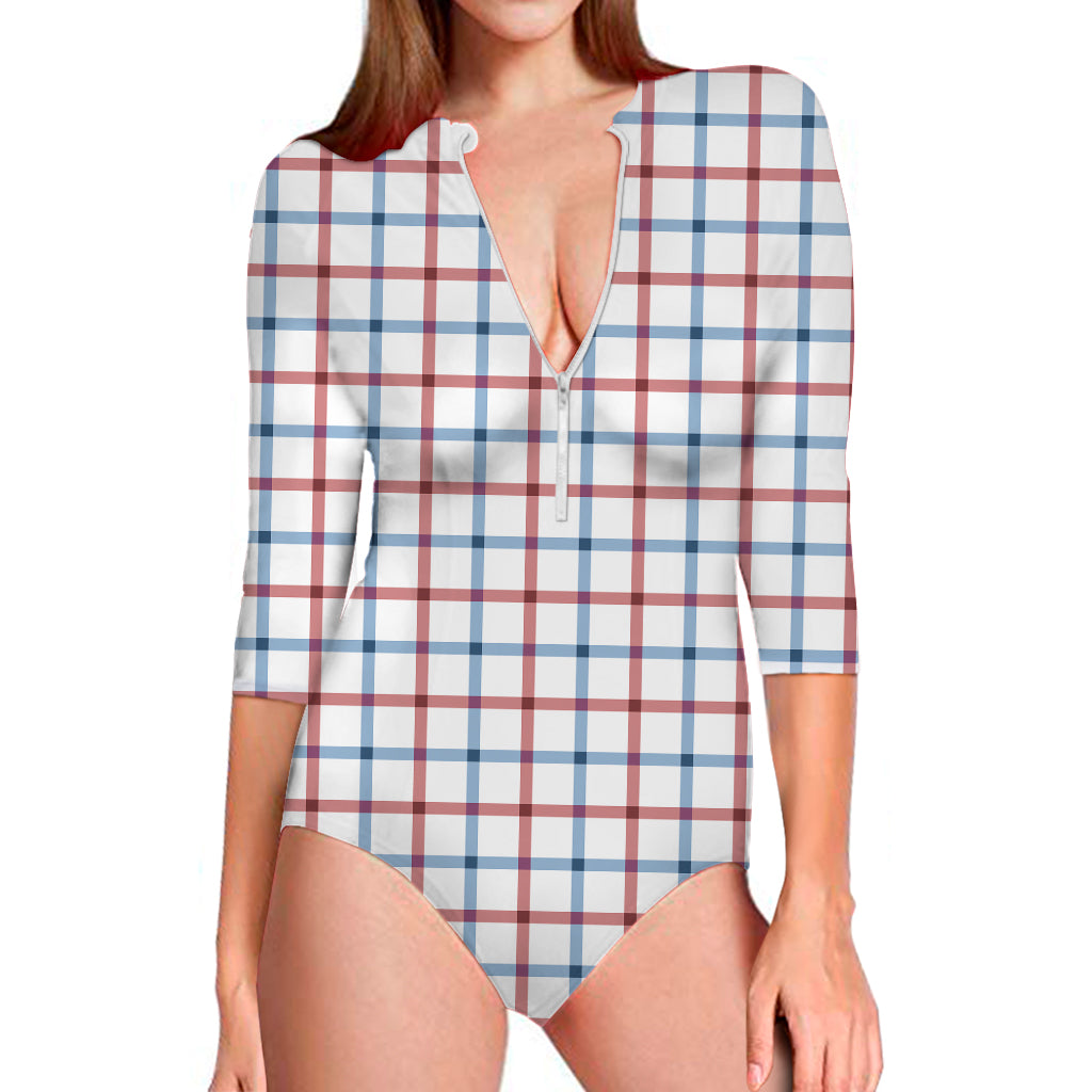 Red And Blue Tattersall Pattern Print Long Sleeve One Piece Swimsuit