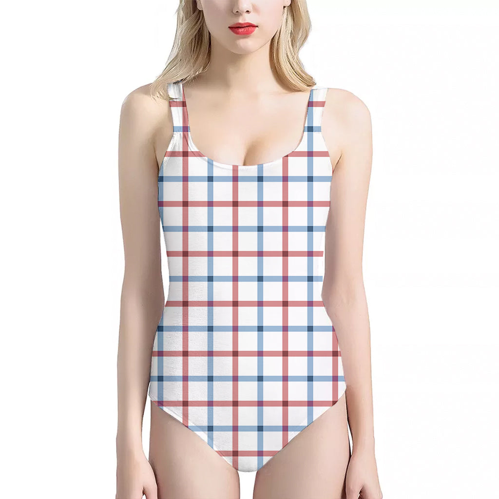 Red And Blue Tattersall Pattern Print One Piece Halter Neck Swimsuit