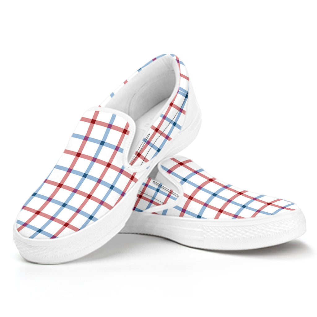 Red And Blue Tattersall Pattern Print White Slip On Shoes