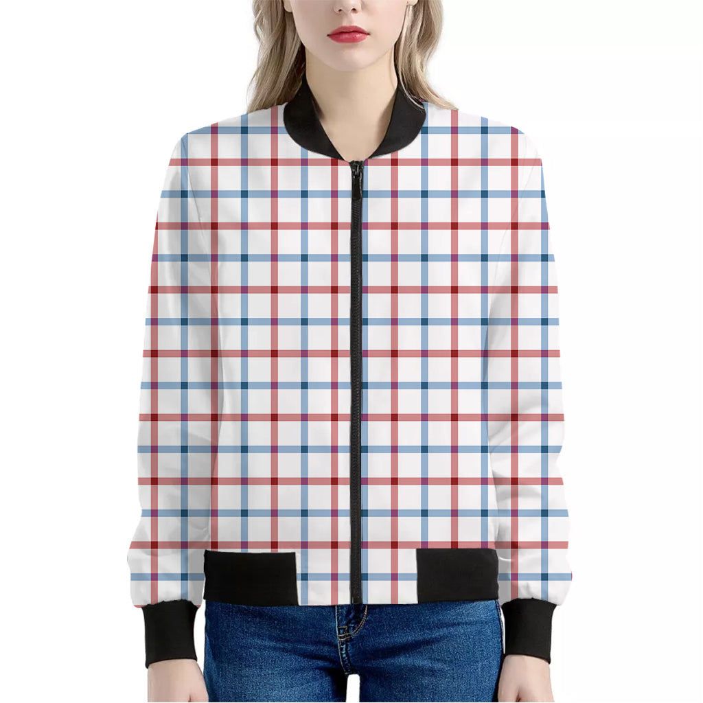 Red And Blue Tattersall Pattern Print Women's Bomber Jacket