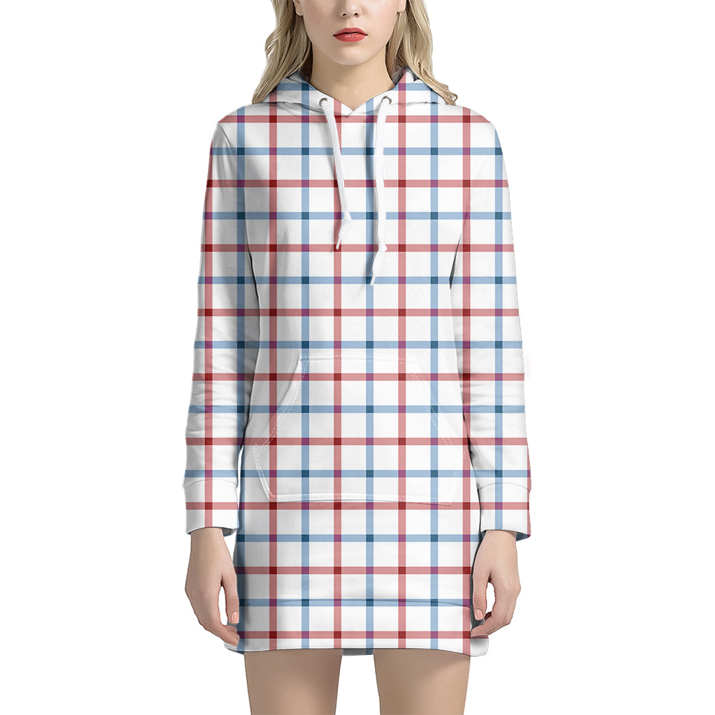 Red And Blue Tattersall Pattern Print Women's Pullover Hoodie Dress