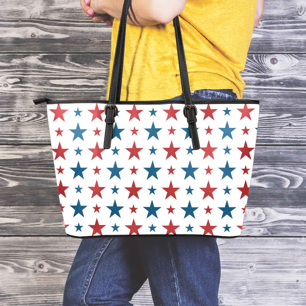 Red And Blue USA Star Pattern Print Leather Tote Bag