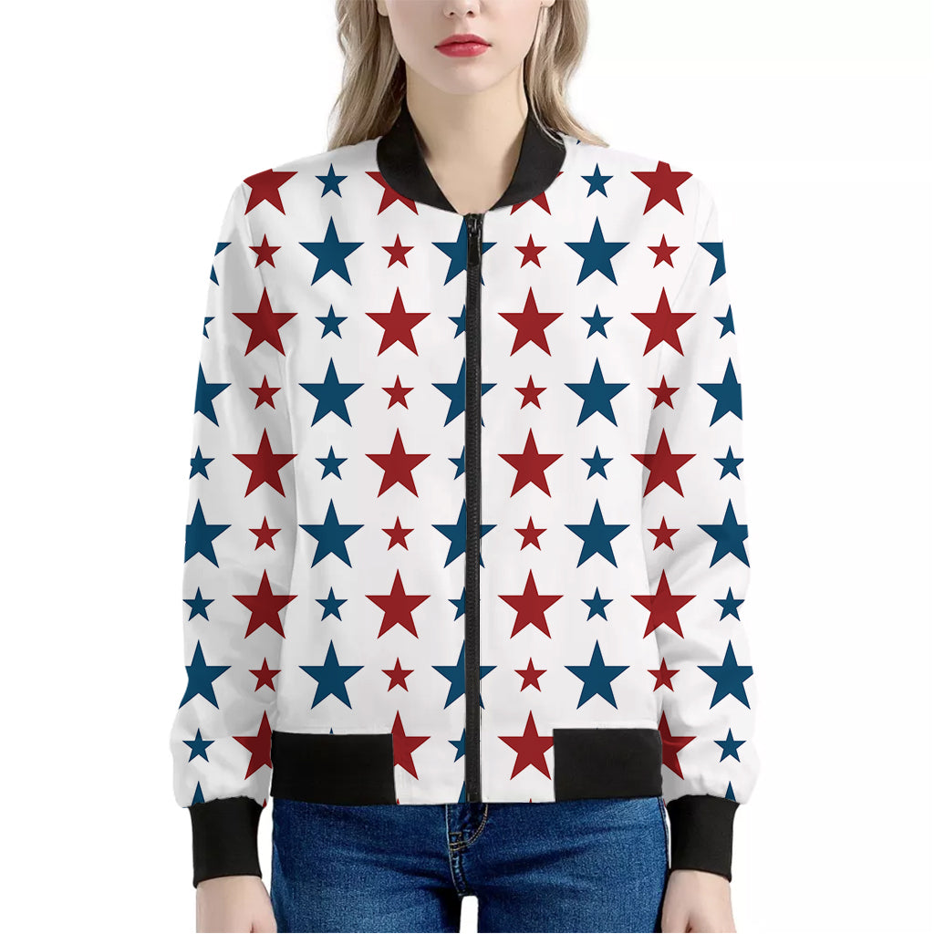 Red And Blue USA Star Pattern Print Women's Bomber Jacket