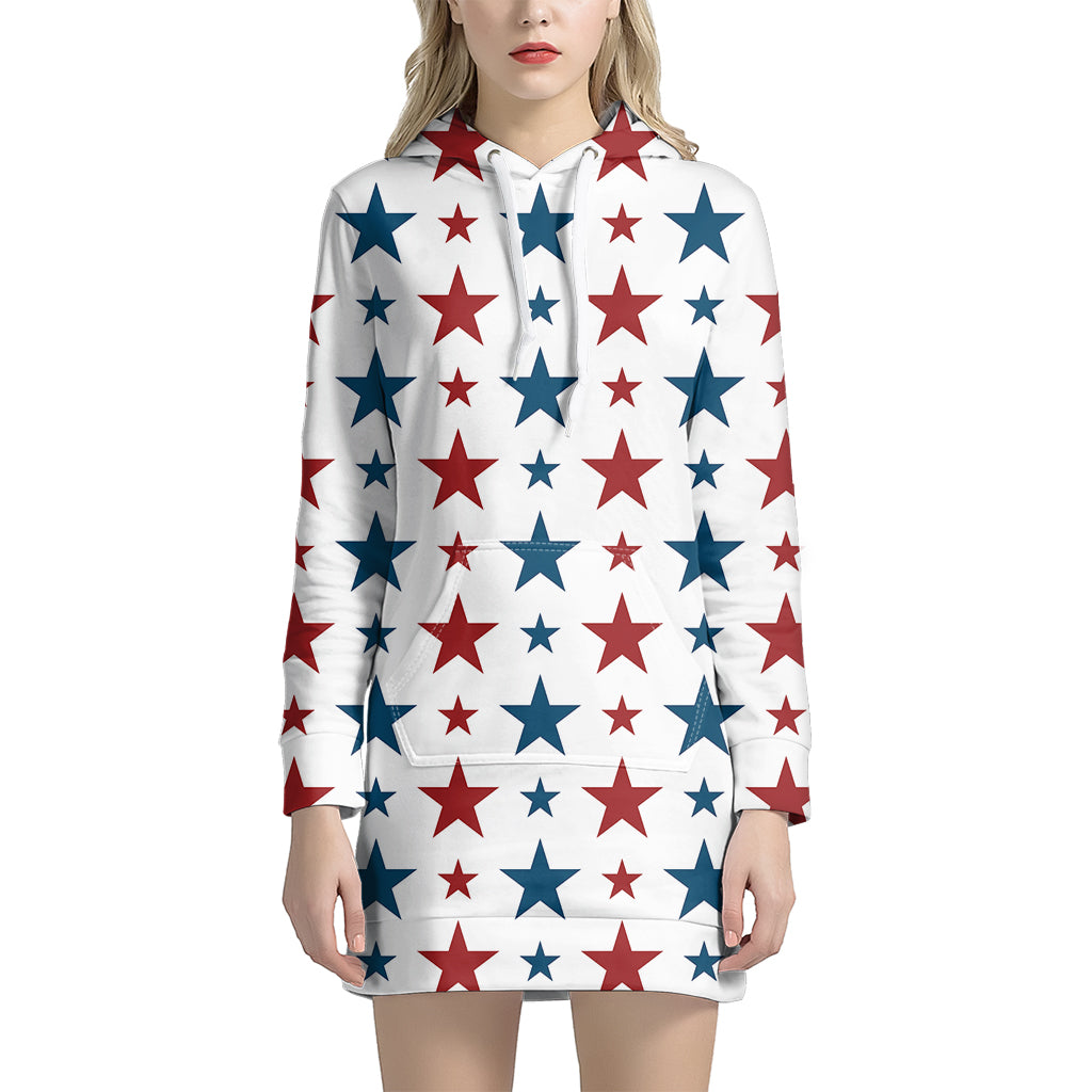 Red And Blue USA Star Pattern Print Women's Pullover Hoodie Dress