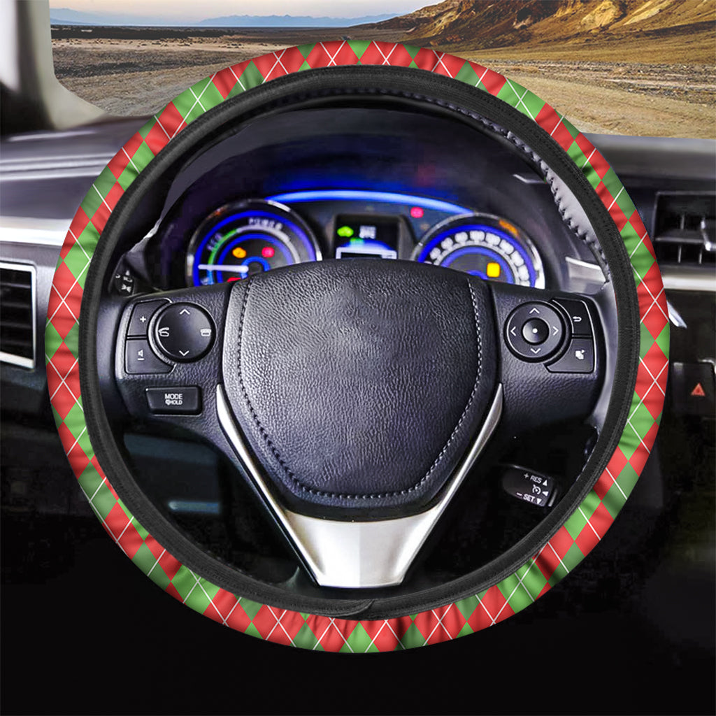 Red And Green Argyle Pattern Print Car Steering Wheel Cover