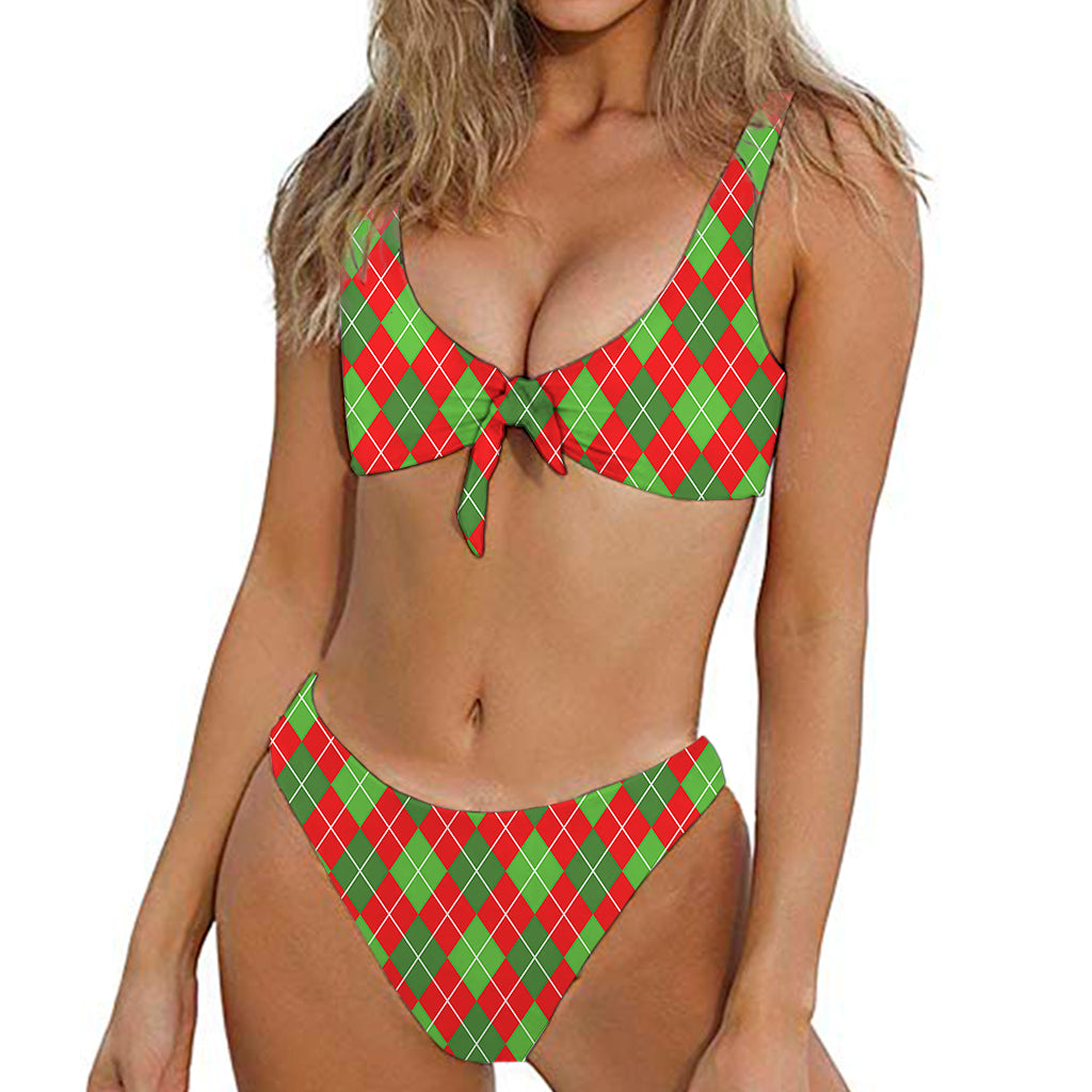 Red And Green Argyle Pattern Print Front Bow Tie Bikini