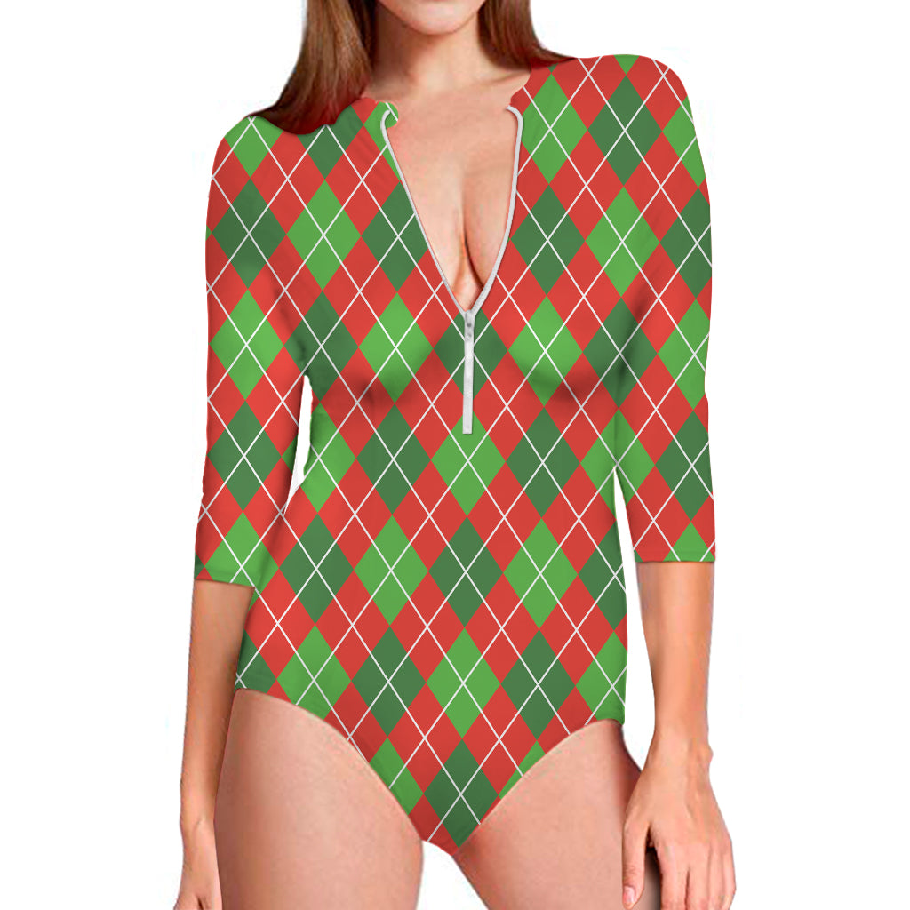 Red And Green Argyle Pattern Print Long Sleeve One Piece Swimsuit