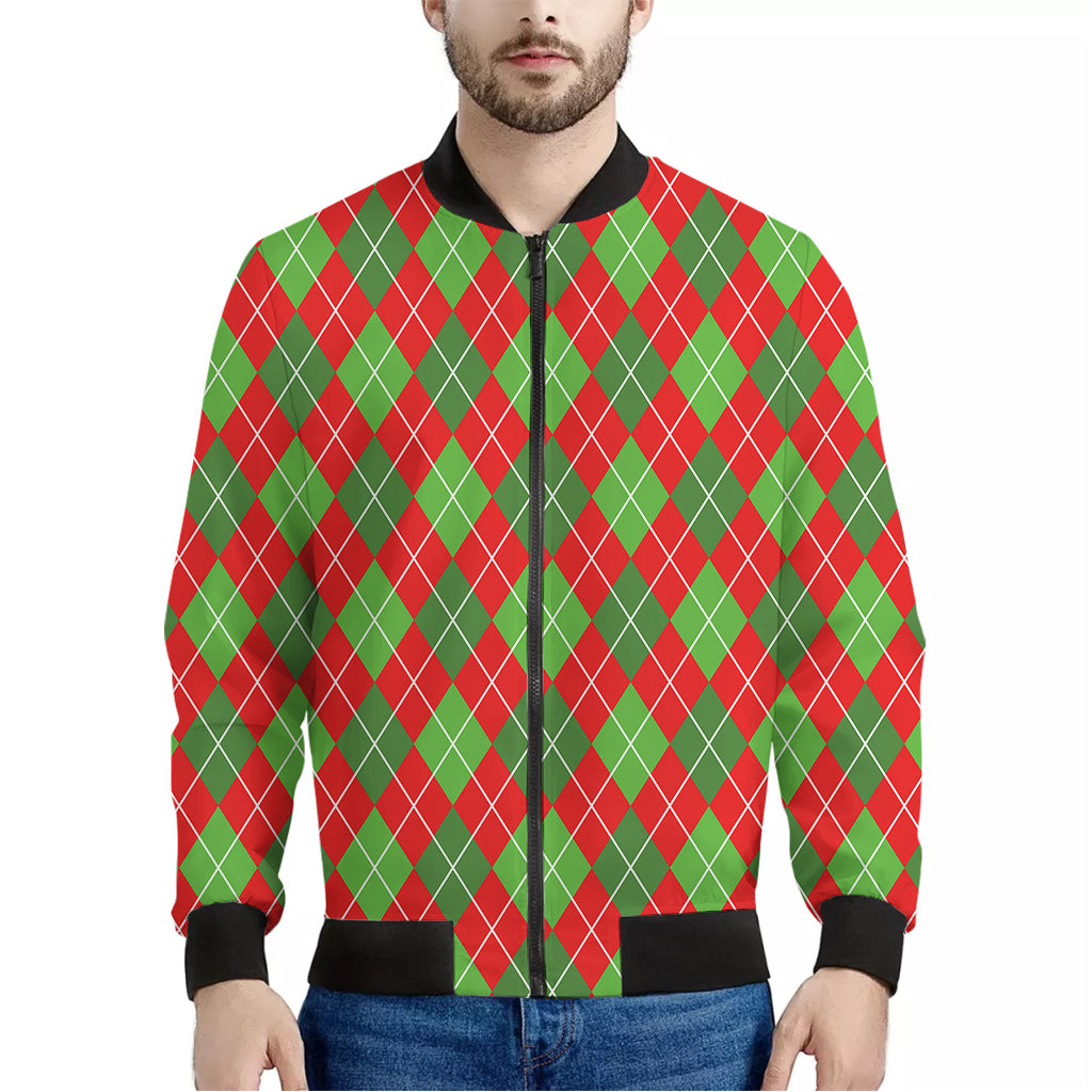 Red And Green Argyle Pattern Print Men's Bomber Jacket