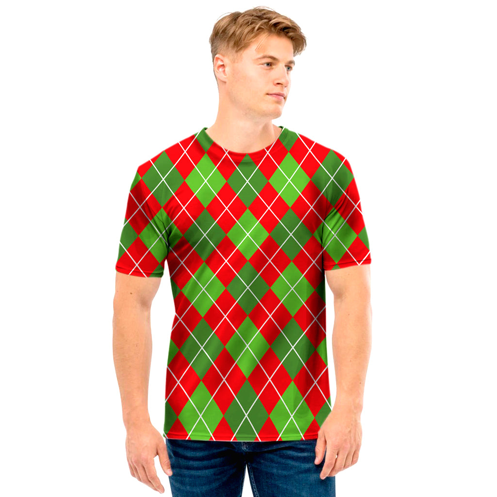 Red And Green Argyle Pattern Print Men's T-Shirt