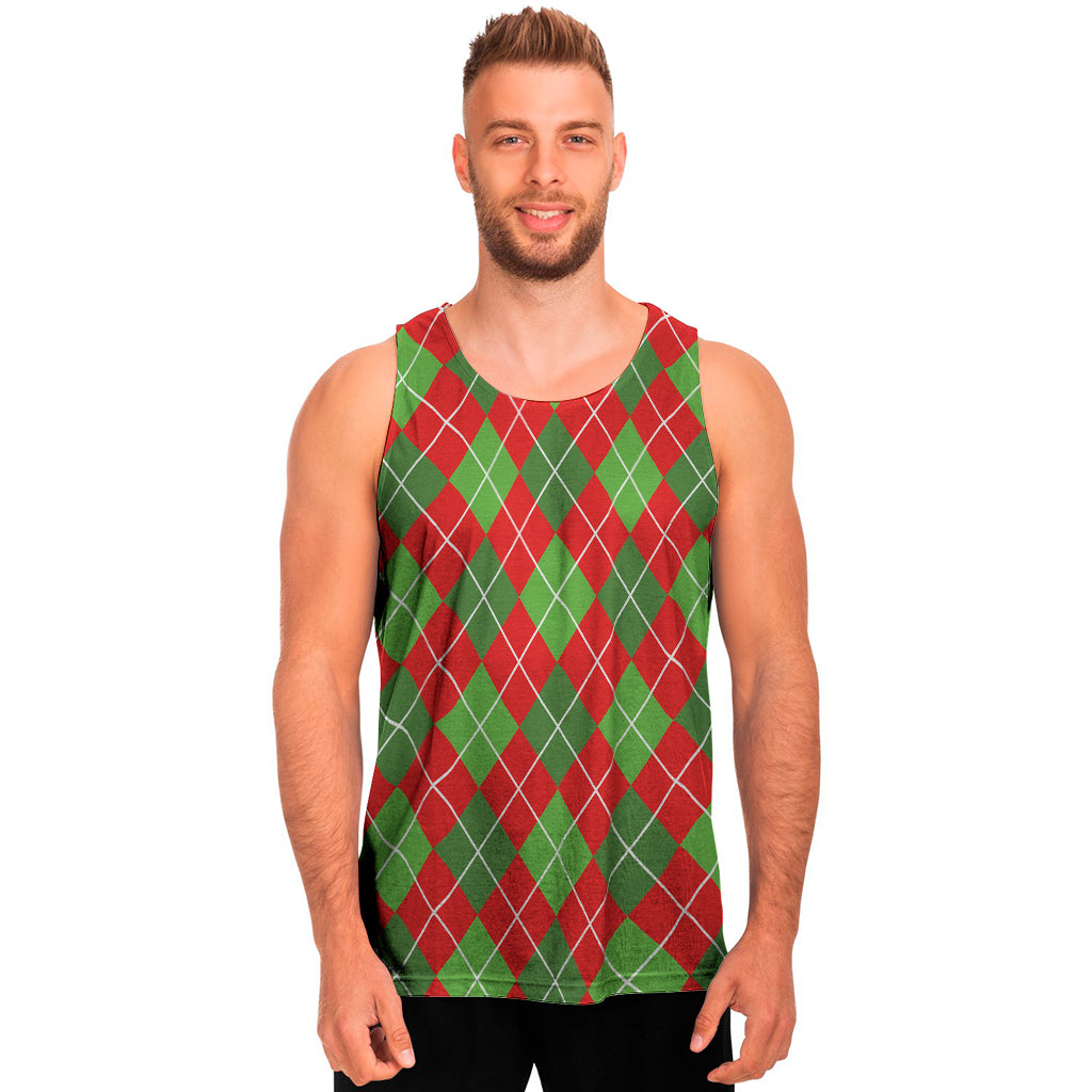 Red And Green Argyle Pattern Print Men's Tank Top