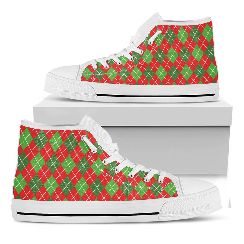 Red And Green Argyle Pattern Print White High Top Shoes