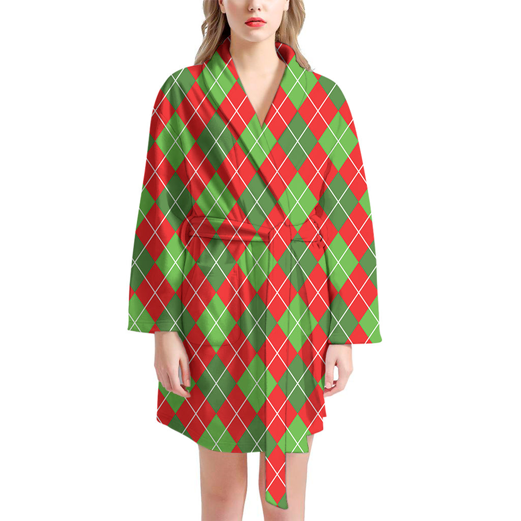 Red And Green Argyle Pattern Print Women's Bathrobe