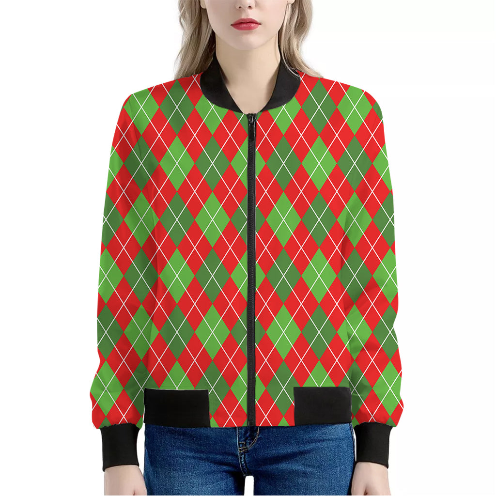 Red And Green Argyle Pattern Print Women's Bomber Jacket