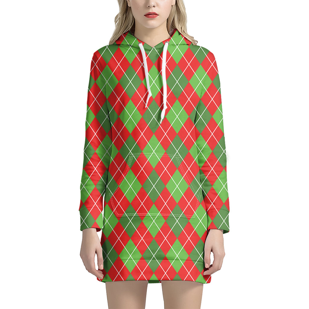 Red And Green Argyle Pattern Print Women's Pullover Hoodie Dress